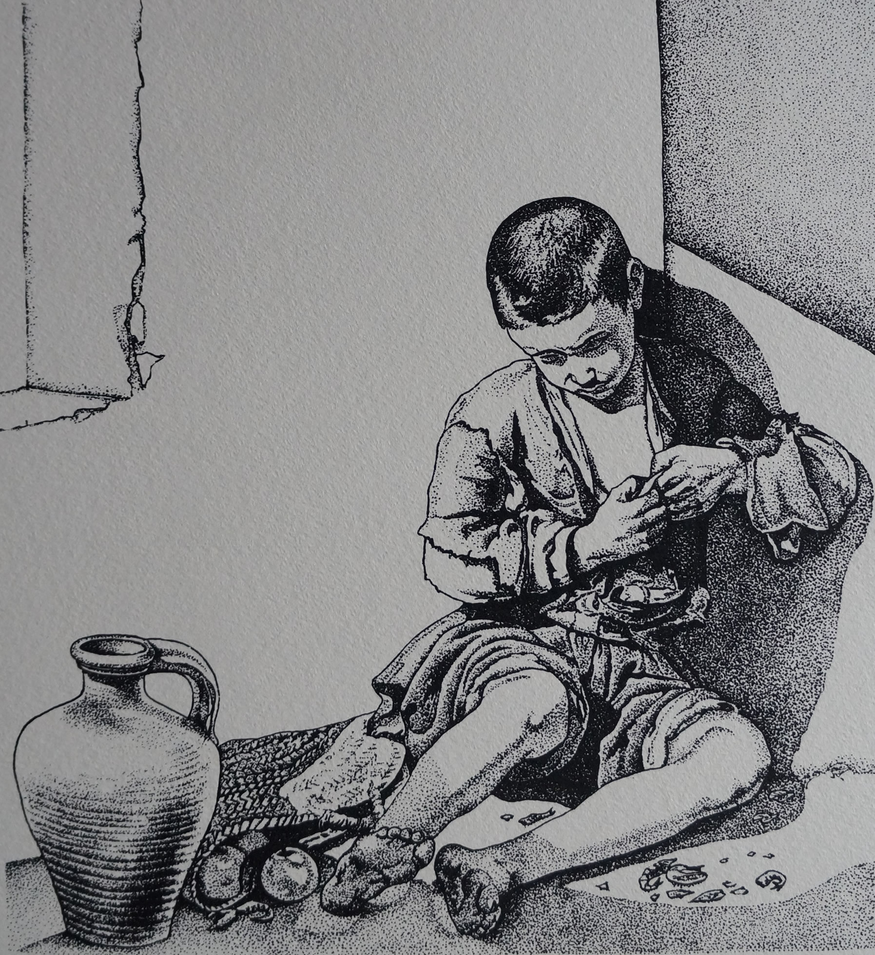 Serigrafia eseguita con tecnica a punti tratto da Il piccolo mendicante di B.E. Murillo, 33x35, 1998