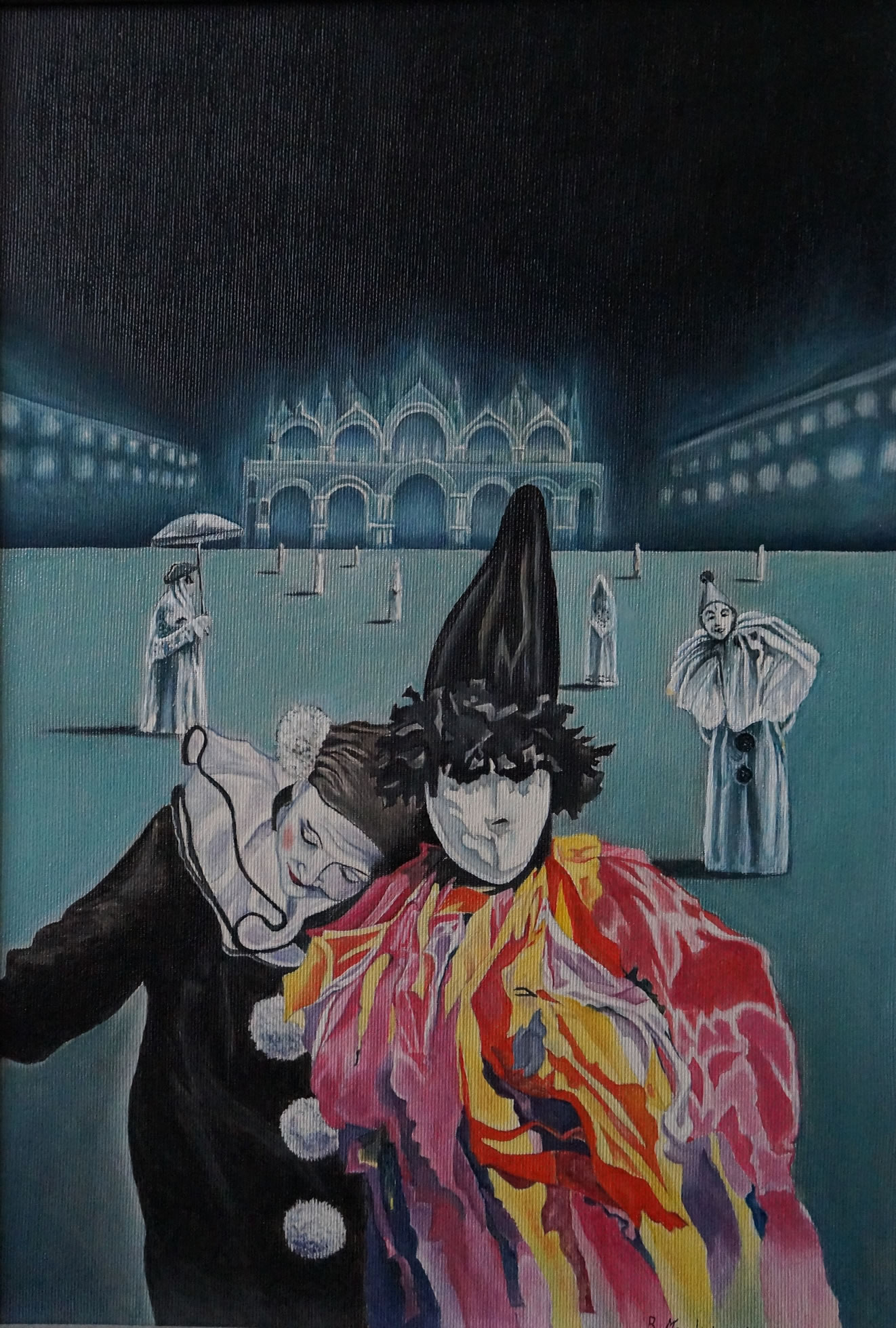 Maschere a San Marco, olio su tela, 35x50, ,ispirato ad un fumetto degli anni '80, opera iniziata nel 1985 terminata nel 2013. Collezione privata